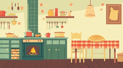 Obraz premium Cozy rustic kitchen interior with fireplace, stove, wooden table, pizza, and various kitchenware.
