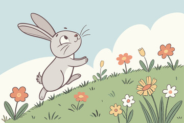 A bunny hopping in a meadow, depicted in a digital painting with soft brushwork