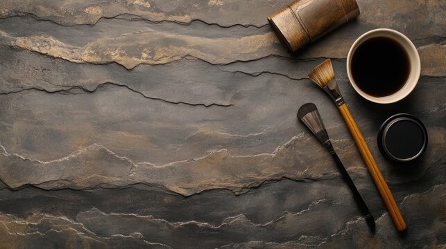 A top view of a textured stone surface featuring art supplies like brushes and containers, ideal for creative projects, tutorials, or artistic presentations