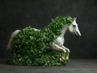 White horse leaping through a field of green plants