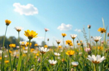 Obraz premium yellow and white wild daisies blooming in a sunny meadow under a bright blue sky with fluffy clouds, concept of eco-tourism, gardening, and nature photography