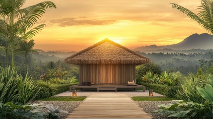 Obraz premium Tropical bungalow with thatched roof at sunset.