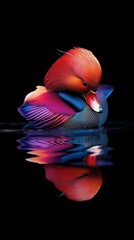 Obraz premium A vibrant mandarin duck with striking colorful feathers reflected in calm water.