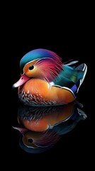 Obraz premium A vibrant mandarin duck with stunning plumage reflects beautifully against a dark background.