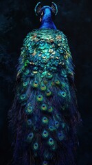 Obraz premium A majestic peacock displaying its vibrant plumage in shades of blue and green, showcasing its ornate feathers.