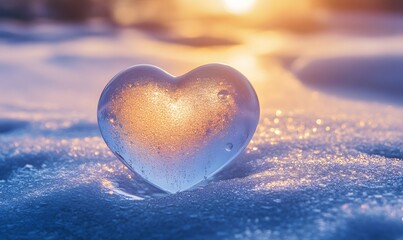 Fototapeta premium Ice heart in winter sunset snow.