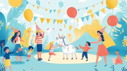 Children and adults celebrating a unicorn party in a park.