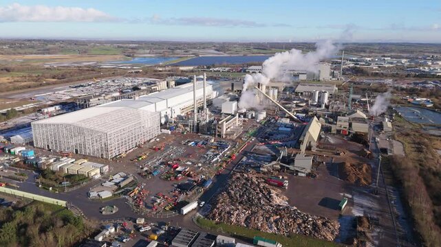 Aerial view of large paper mill in the United Kingdom.