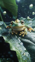 A vibrant green frog perched on a wet leaf, showcasing its intricate features and glistening droplets.