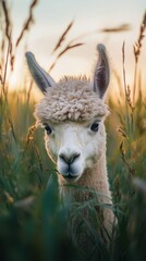 Obraz premium A close-up of a fluffy llama peering through tall grass at sunset, showcasing its gentle expression.