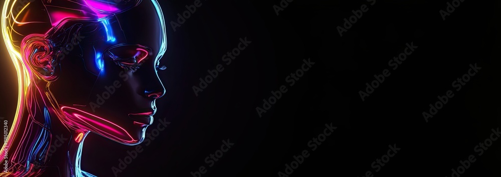Poster a conceptual image of a robot with a human face, symbolizing an ai in a cybernetic body within an ab