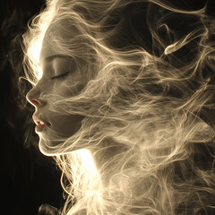 Serene girl with closed eyes surrounded by flowing light