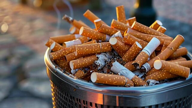 Large pile of cigarette butts are in a trash can. The butts are mostly white and have a few black spots