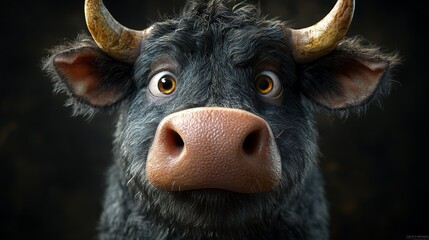 A black cow with horns and a big nose