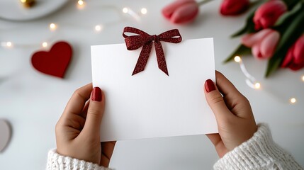 Obraz premium A pair of hands holding a blank white card decorated with a glittery red bow. White empty card blank for text messsage for Valentine's day with love, copy space