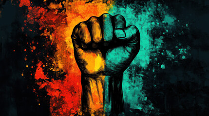 Fist symbol with vibrant Black History Month pattern