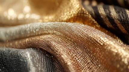Glittering fabric, metallic sheen, draped folds.