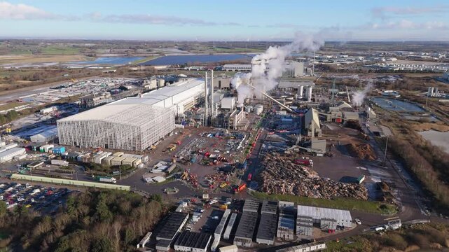 Aerial view of large paper mill in the United Kingdom.
