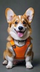 A cheerful corgi wearing an orange harness, showcasing its playful personality and fluffy fur.