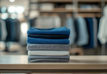 3 different stacks of clothes the first stack is made of Tshirts the second one is made of polo shirts and the last stack of only shirts all 3 stacks of clothes are o