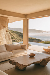 Coastal Chic - Modern minimalistic outdoor terrace with ocean view and linen curtains - interior design magazine style