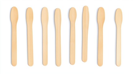 Popsicle sticks, wooden elements for holding ice cream, tongue depressor for throat medical examination different shapes and sizes isolated on white background, Realistic 3d vector Illustration, set