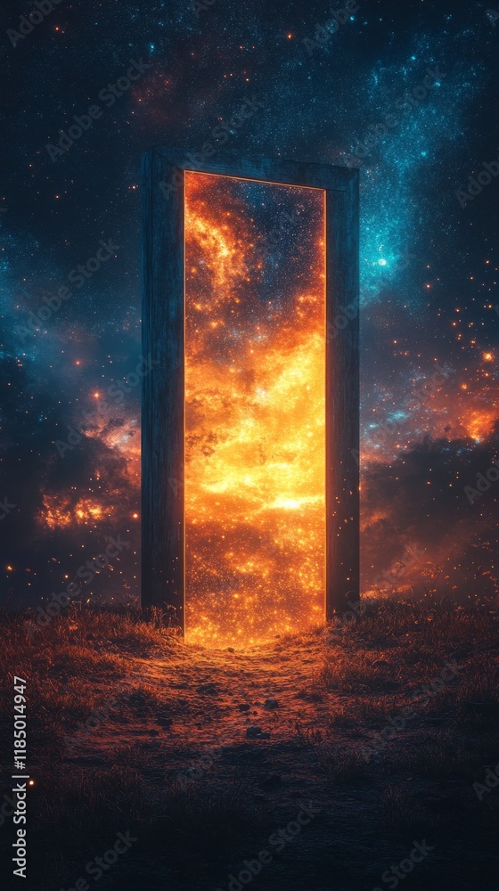 Poster a striking door stands alone in a boundless field, glowing with fiery hues against a celestial backd