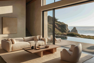 Coastal Chic - Modern minimalistic outdoor terrace with ocean view and linen curtains - interior design magazine style