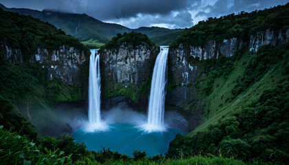 Fototapeta premium Majestic Twin Waterfalls at Dusk