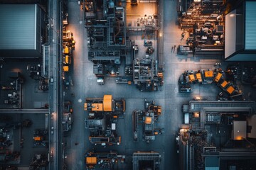 Fototapeta premium Aerial view of a modern industrial complex with machinery and equipment in orange and gray tones.