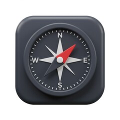 A 3D illustration of a compass with a dark gray body white markers and a red triangular pointer isolated on a white background