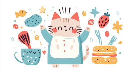 Obraz premium Adorable Cat Chef Preparing a Yummy Meal: A Delightful Illustration