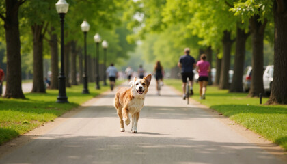 Happy dog walking in sunny urban park, joyful companionship