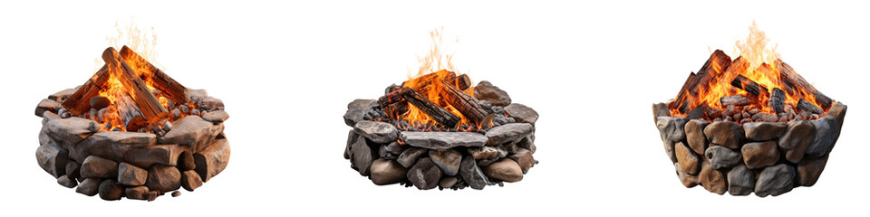 Fire pit with rocks isolated on transparent background, Set of