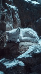 Naklejka premium A peaceful Arctic fox curled up on a rock, enjoying a serene moment amid rocky surroundings.