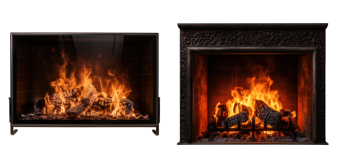 Fireplace screen with fire inside isolated on transparent background, Set of