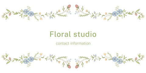 A frame of watercolor wildflowers and greenery, a ready-made template for business cards, postcards, invitations. Minimalistic botanical illustration, with delicate delicate flowers.
