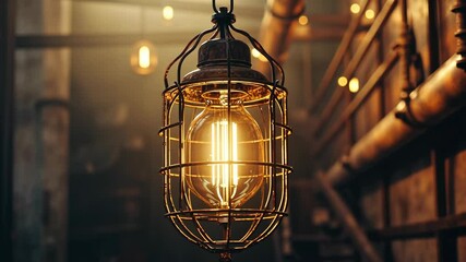 Light bulb hanging from a metal cage. The light bulb is yellow and glowing - Powered by Adobe