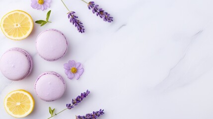 Purple macarons with lavender and lemon slices on marble background, minimalistic dessert flat lay with copy space, pastel gourmet treats arrangement, artistic food design

