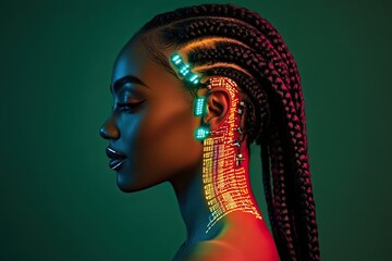 A portrait of a hybrid android-human woman, her head glowing in green neon light. Symbolizing the human-AI relationship. Set against a futuristic technology backdrop. Emphasizing science research