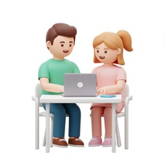 A 3D illustration of a couple sitting together at a table working on a laptop and smiling symbolizing collaboration and partnership isolated on a white background