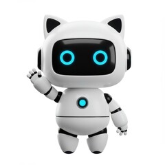 A 3D illustration of a cute white robot with cat ears a black digital face with glowing blue eyes and a friendly wave isolated on a white background