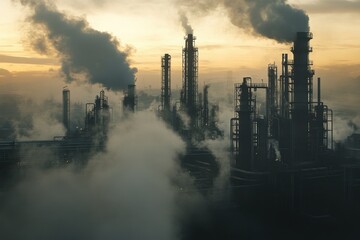 Massive oil refinery during sunset with towering smokestacks and complex piping systems emitting smoke