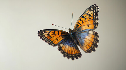 Fototapeta premium vibrant blue and orange butterfly in flight isolated on white background perfect for wildlife photography and artwork 