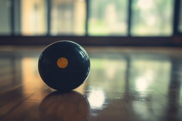 A close-up shot of a black bowling ball with a yellow dot, resting on a polished wooden floor in a quiet bowling alley.
