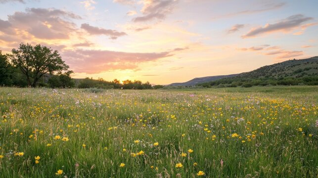 Vibrant wildflowers dance in a gentle breeze across a sage green meadow as the sun sets, casting warm golden hues over the tranquil landscape and whispering nature’s song of peace