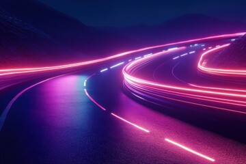 A mesmerizing night scene featuring neon light trails on a winding road, creating a dynamic and futuristic vibe.