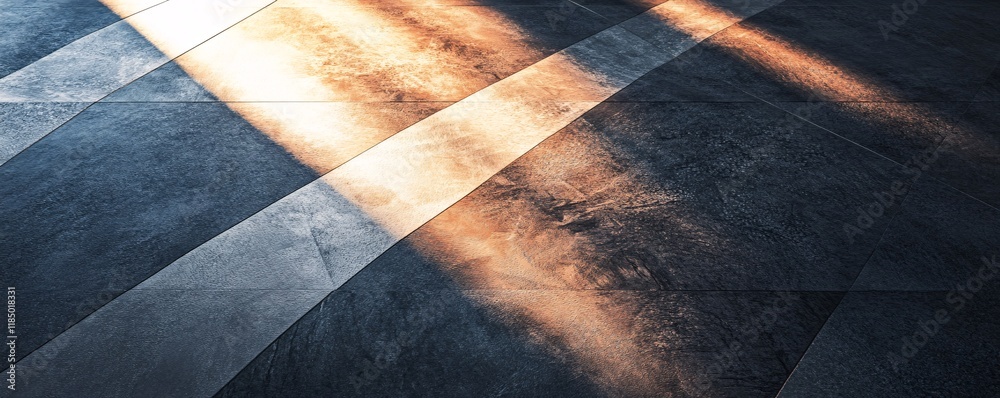 Poster Sunlight creating warm geometric pattern on tiled floor