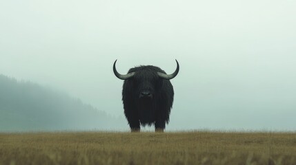 Majestic yak stands in foggy field.