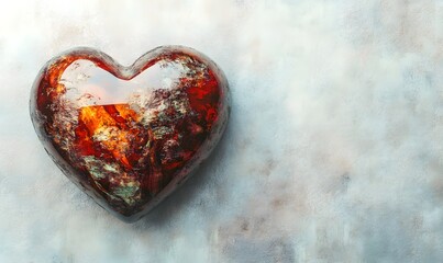 Heart-shaped resin art with orange and brown inclusions on a light gray background.